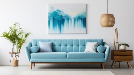 Mid century style interior design of modern living room with blue sofa against white wall and art poster frame generative ai 