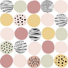 Seamless pattern brutal black and white design and pastel gentle circles. minimal abstract set of geometric sketches hand drawn with round shape lines.