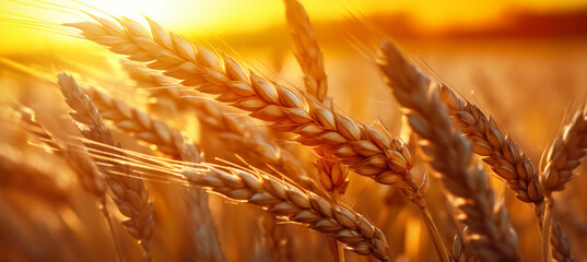 Spikes of ripe rye in sun close-up with soft focus. Ears of golden wheat. Beautiful cereals field in nature