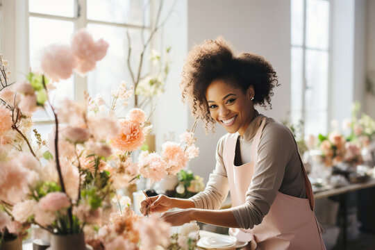 African American woman florist creating bouquet in flower shop. Small business. Generative AI illustration