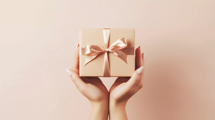 Holiday minimal background with hands holding gold gift box, Christmas Day and New Year concepts, happiness moment. Generative AI.