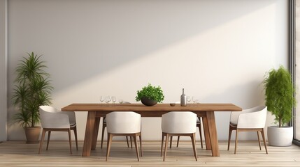 Minimalist interior design of modern dining room with wooden table and chairs generative ai