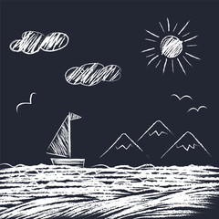 Concept of travel, vacation, seascape. Sea, Mountains, Sailboat, Sun, clouds, seagulls - scribbles drawn by child's hand with white chalk. Vector illustration isolated on black background