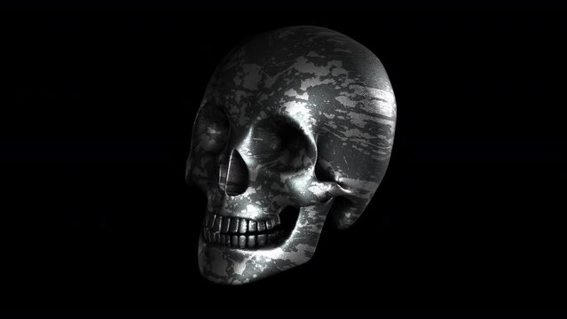 Seamless funny animation of rotten metal skull isolated with alpha channel. Halloween video loop with a cool psychedelic look