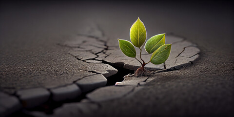A small green plant sprout sprouted through a crack in the asphalt. Generative AI