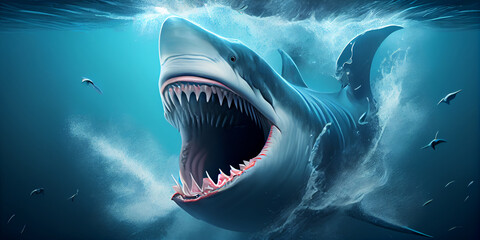 Naklejka premium An image of a terrible predatory shark swimming with its mouth open and underwater. Generative AI