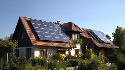 Fototapeta na wymiar Nachhaltiges Wohnen: Haus mit effizienten Solarmodulen auf dem Dach Solar Panels