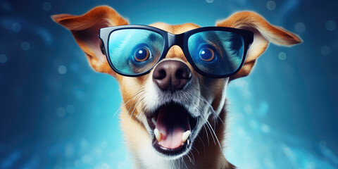 Shocked cute dog in glasses looks at screen, concept of Surprised and Amazed, gradient blue background
