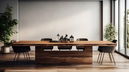 Minimalist interior design of modern dining room with wooden table and chairs generative ai