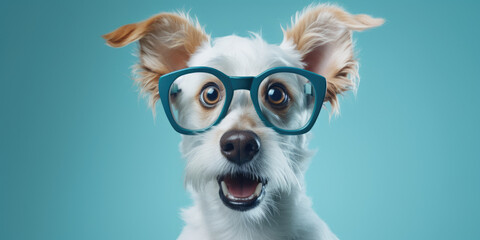 Shocked cute dog in glasses looks at screen, concept of Surprised and Amazed, gradient blue background
