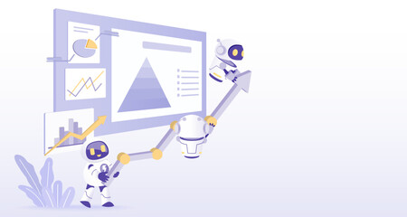 Ai robot holding arrow pointing to growth management strategy, tactical plan, marketing report, analysis database. Flat vector design illustration with copy space.