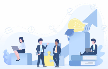 Business ideas concept. Business people come together to discuss, plan, think, and brainstorm innovative ideas for achieving growth and success. Flat vector design illustration with copy space.