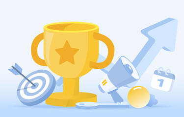 Business ideas concept. Arrow pointing up, trophy symbolizes competition, opportunity, victory, creativity, startup, strategy management, tactical plan, goals and targets. Flat vector illustration.