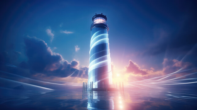 Lighthouse in a futuristic, digital world. Evolving technology and the potential for progress. A guide, inspiring innovation and leadership towards a brighter future