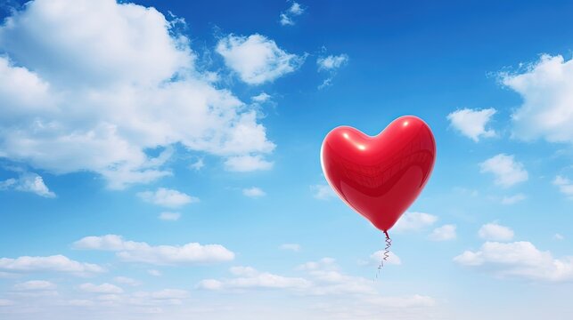 A red heart balloon floats in the blue sky in clouds. Created with Generative Ai technology.