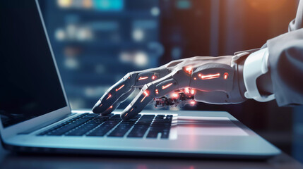 Robotic man hand pressing a keyboard on a laptop working, connecting with AI online and using a chat GPT. IT engineer software developer programmer, future world, Generated AI.