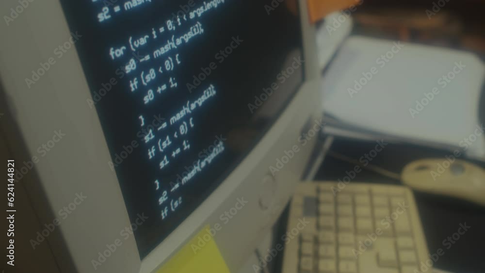 Wall mural selective focus close-up of old computer monitor with code on screen on table in 90s office