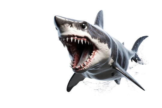 Realistic image of ferocious great white shark on transparent background (png).