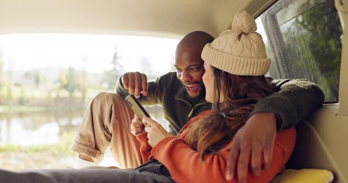 Couple, selfie and smile in car on road trip, vacation and happy for blog, post or comic memory. Black man, woman and interracial love with camping, profile picture and photography for social media