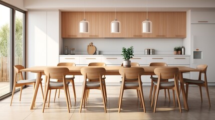 Fototapeta premium Interior design of modern dining room with wooden chairs near kitchen generative ai