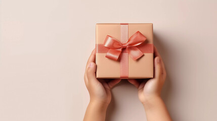 Holiday minimal background with hands holding gold 
 gift box, Christmas Day and New Year concepts, happiness moment. Generative AI.