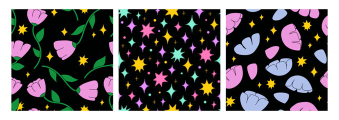 Set of cute floral seamless patterns. Vector backgrounds with pink tulips and stars