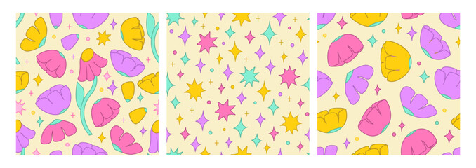 Set of seamless patterns with various flowers and stars. Cute pastel vector backgrounds in kawaii style