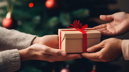 Holiday minimal background with hand holding gift boxes. Christmas tree on Christmas Day and New Year concepts. happiness moment, Generative AI.