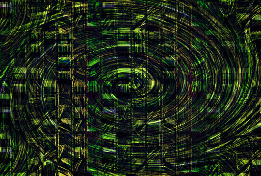 Psychedelic art, twisting spiral, funnel, lattice, human figure in the center of the picture, black green, yellow, blue