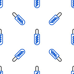 Line Hotdog sandwich icon isolated seamless pattern on white background. Sausage icon. Fast food sign. Colorful outline concept. Vector