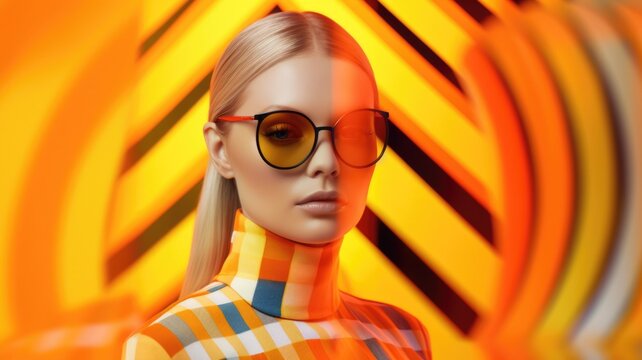 Fototapeta Young female model posing with trendy fashion outfit and colorful vibrant orange optical art abstract background. Picturesque generative AI