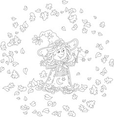Happy little witch showing tricks with her magic wand and swirling autumn leaves, black and white vector cartoon illustration for a coloring book
