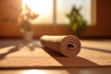 Minimalism style composition with cork yoga mat. Sport fitness accessories. Concept of place for yoga, gymnastics, training, meditating. Healthy lifestyle and home tranning - obrazy, fototapety, plakaty