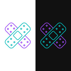 Line Crossed bandage plaster icon isolated on white and black background. Medical plaster, adhesive bandage, flexible fabric bandage. Colorful outline concept. Vector