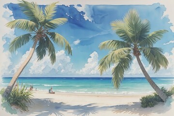 Holiday summer travel vacation illustration - Watercolor painting of palms, palm tree on teh beach with ocean sea, design for logo or t shirt, isolated on white background