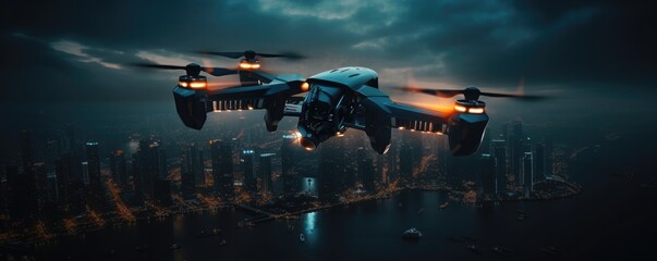 Drone flies over city with aerial top view, futuristic panorama. Generative Ai.