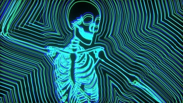 Seamless animation of glowing dancing skeleton. Funny halloween background  with rainbow neon flare echo effect.