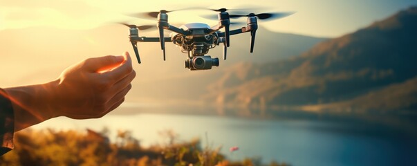 Drone technology landing in human hand in nature, panorama. Generative Ai.
