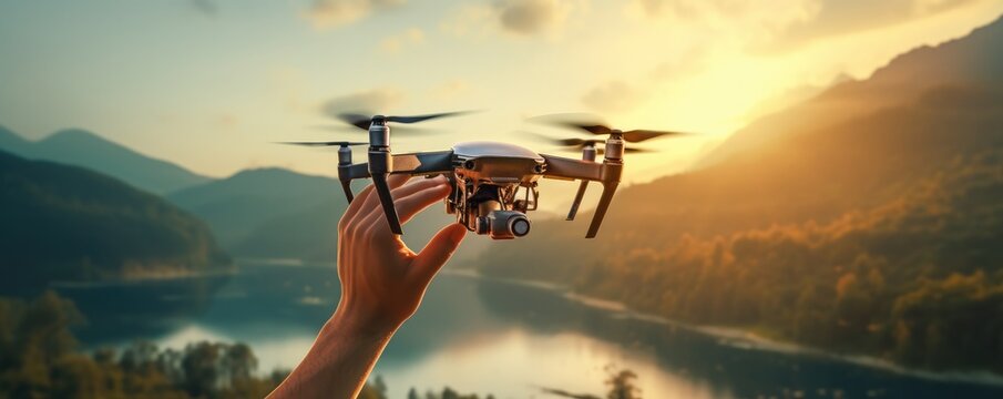 Drone technology landing in human hand in nature, panorama. Generative Ai.