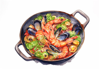 Illustration of a Spanish seafood paella rice dish in a pot, white background, ai generated
