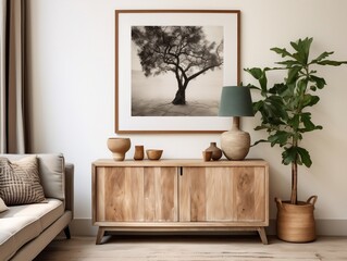 Interior design of vintage living room with reclaimed wood cabinet and poster on white stucco wall generative ai