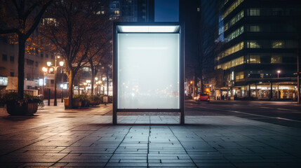Blank white digital billboard poster on city street at dawn 
