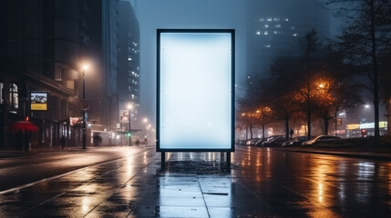Fototapeta na wymiar Blank white digital billboard poster on city street in the early morning mist 