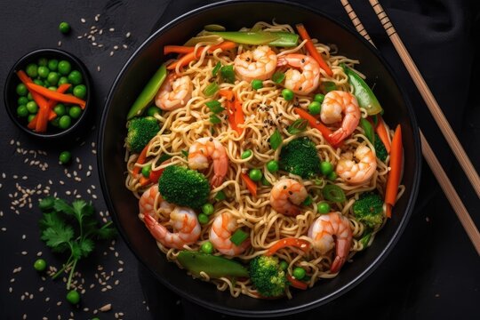 Udon food. Stir fry noodles with vegetables and shrimps in black iron pan. Top view. Image generated by artificial intelligence