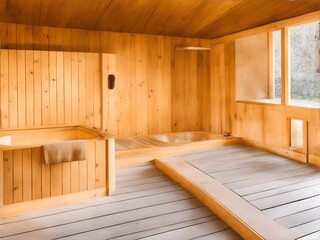 Fototapeta na wymiar Interior of a wooden sauna. Illustration generated ai