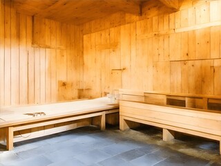 Interior of a wooden sauna with benches. Illustration generated ai