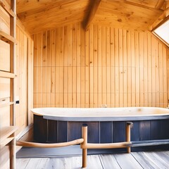 Interior of a wooden sauna with a table. Illustration generated ai