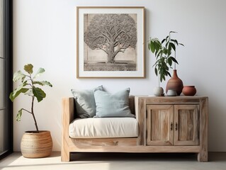 Interior design of vintage living room with reclaimed wood cabinet and poster on white stucco wall generative ai
