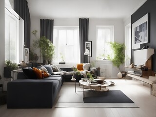 Living room interior with tables, high windows and sofas. Photorealistic illustration generated ai