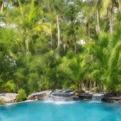 Tropical garden pool. Illustration generated ai.